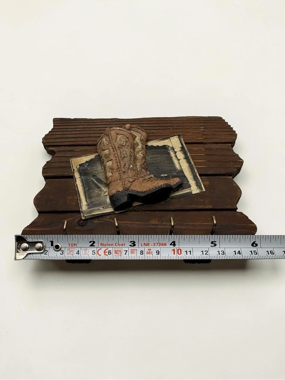 Vintage 1990s Rustic Wood Western Cowboy Boot Theme Key Rack w/ 4 hooks 6” Wide